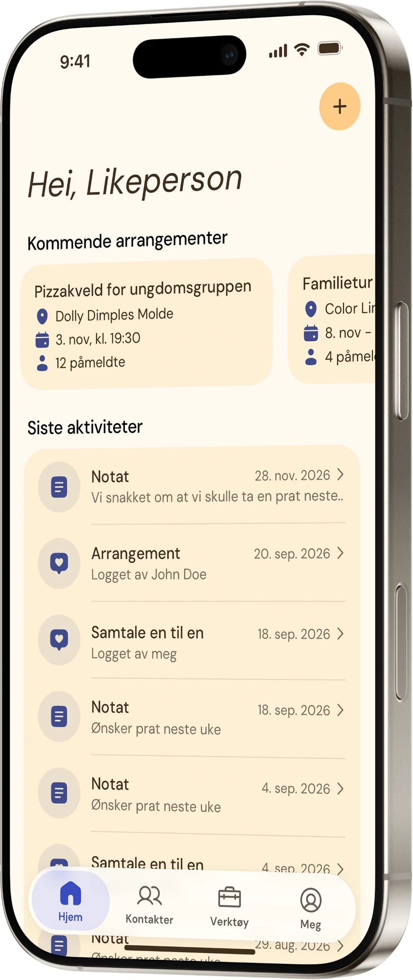 Meander-appen: forsiden med kommende arrangementer og siste aktiviteter