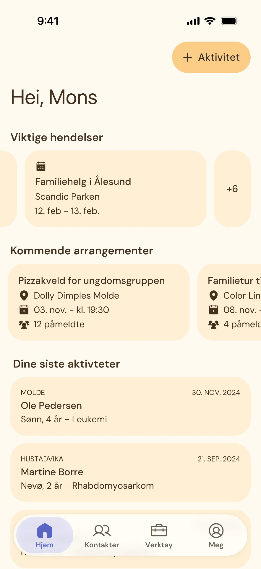 Skjermbilde av Meander-appens hjemskjerm for likepersoner