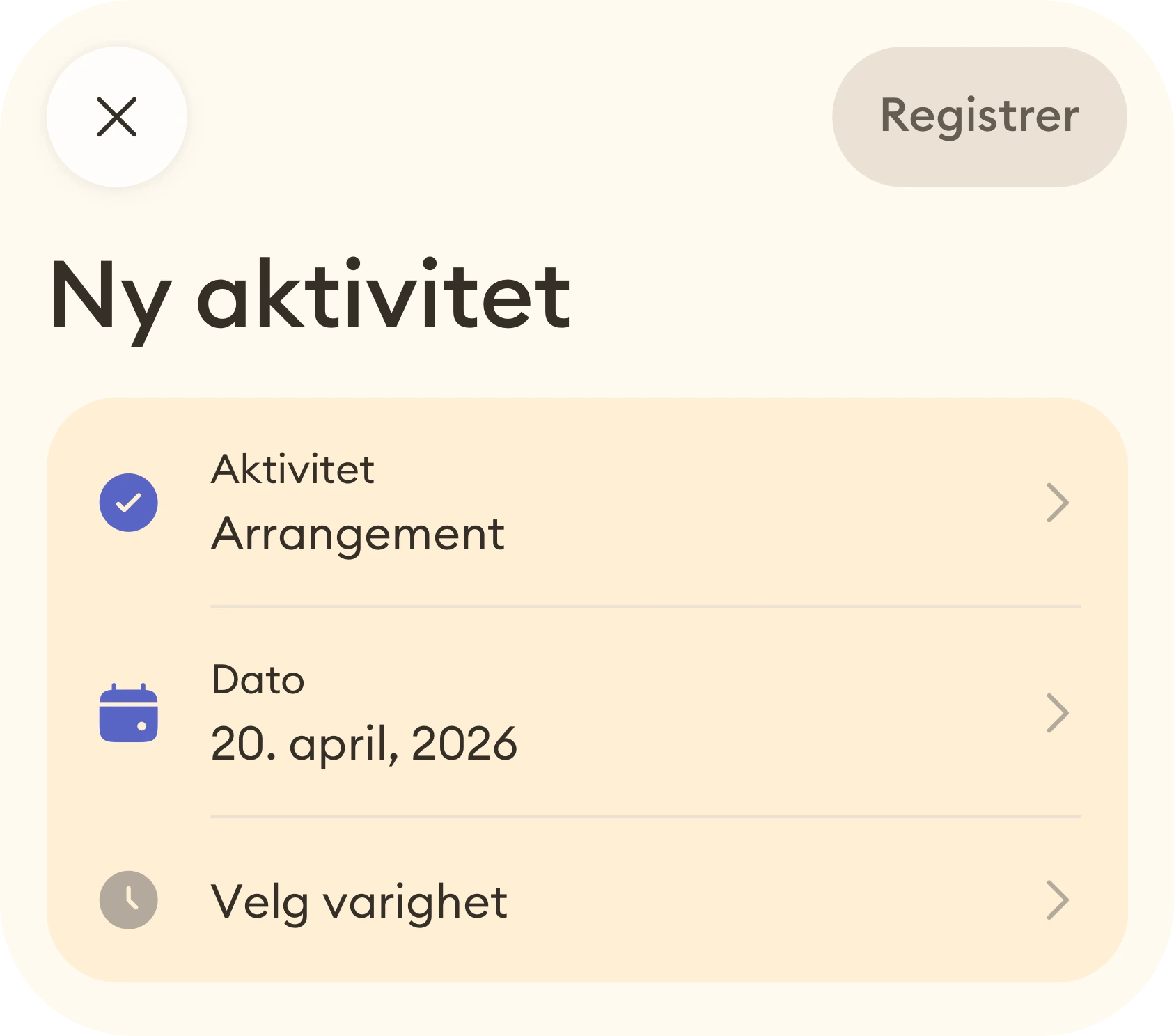 Skjermbilde av ny aktivitet i Meander-appen